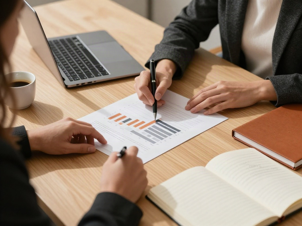 A close-up of a collaborative business review with printed performance charts and an open notebook